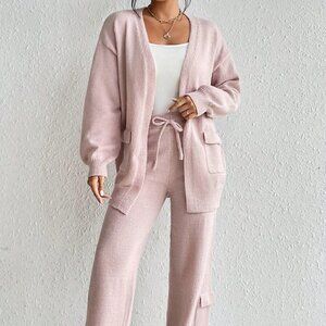 Pink Casual Womens Drop Shoulder Cardigan & Tie Front Knit Pants